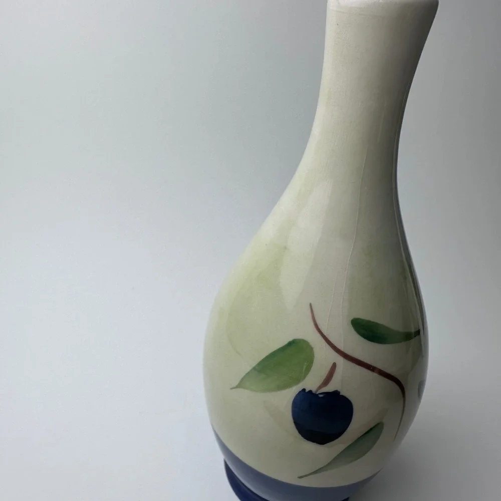 Ceramica AM Italy Hand Decorated Olive Branch Ceramic Vase Blue Cream 10 Inch